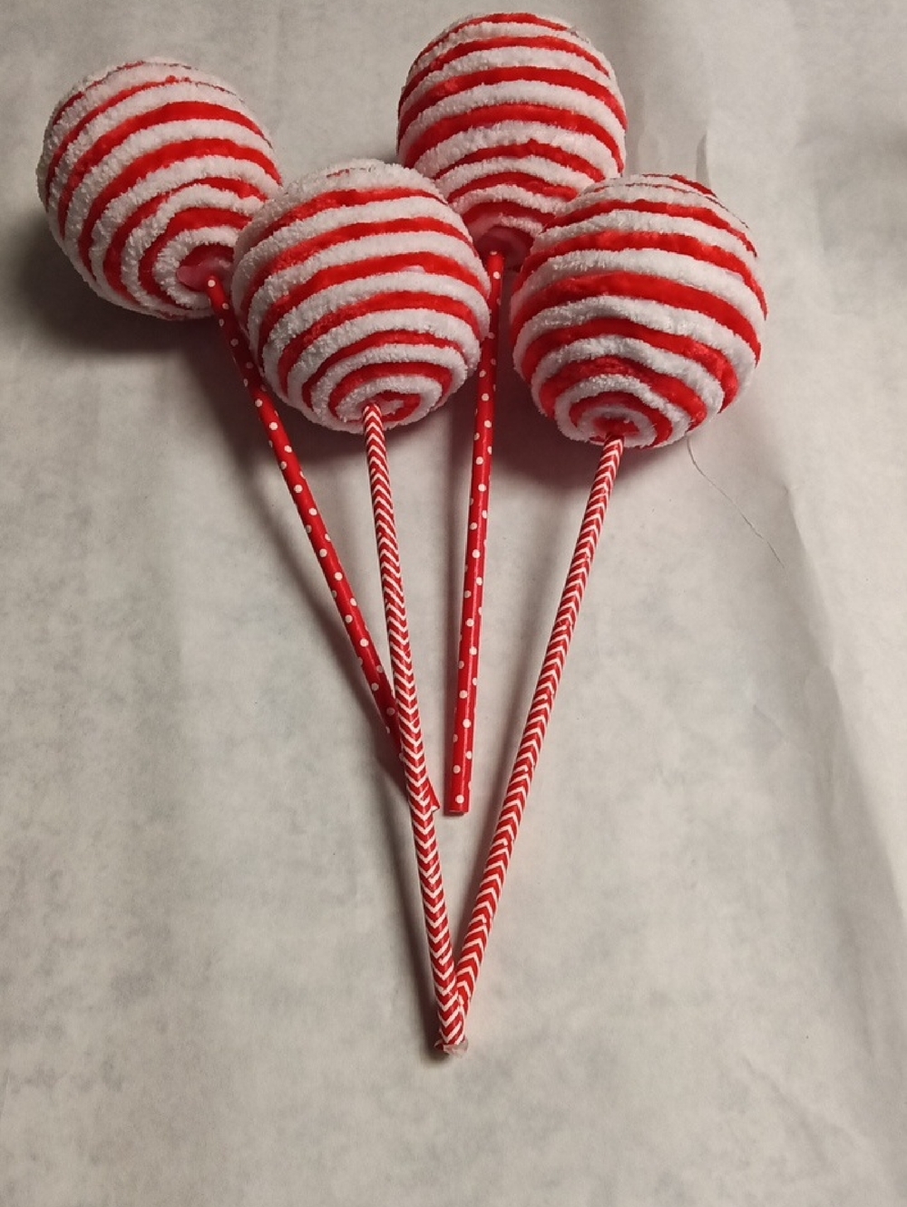 Hand Crafted E" Ball  Red and White Chenille Picks - Festive Party Stems